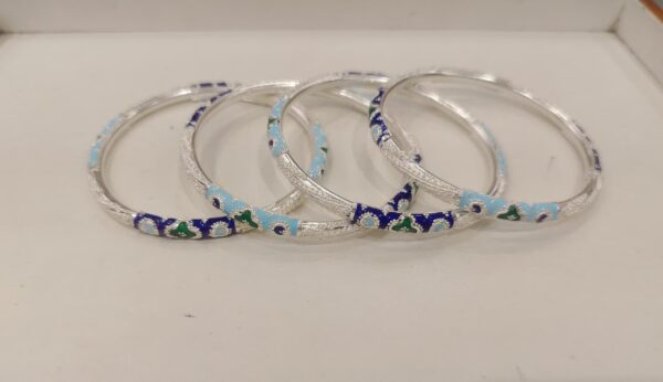 92.5 Pure Silver Green Sky Blue Minakari Monipuri Bangle (Size-26) (CN63)