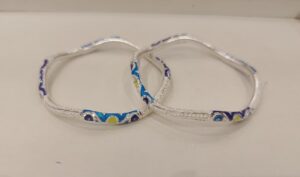 92.5 Pure Silver Green Sky Blue Minakari Monipuri beki Bangle(Pair) (Size-24) (CN31)