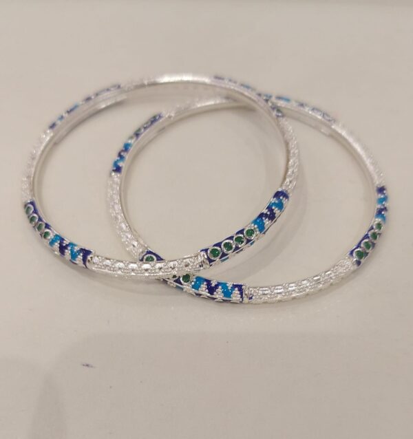 92.5 Pure Silver Green Sky Blue Minakari Monipuri Bangle (Pair) (Size-26) (CN21)