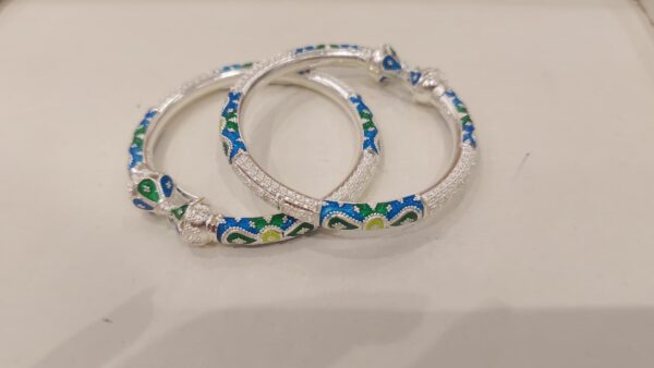92.5 Pure Silver Green Sky Blue Minakari Monipuri Bala (Pair) (Size-24) (CN42)