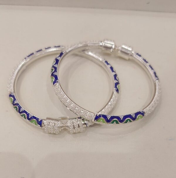92.5 Pure Silver Green Blue Minakari Monipuri Bala (Pair) (Size-23) (CN31)