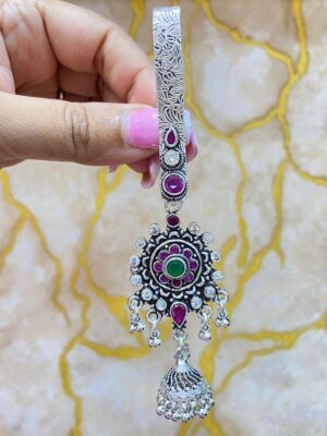 92.5 Pure Silver Pink Green Stone Jhumko Patteren Komor Jhapta (CN 38)