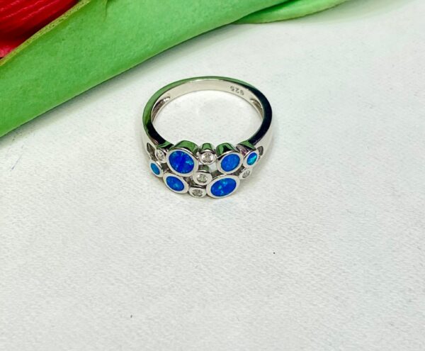 92.5 Silver Zigzag Round Shape Blue Opal Stone Finger Ring (Size-17-20)