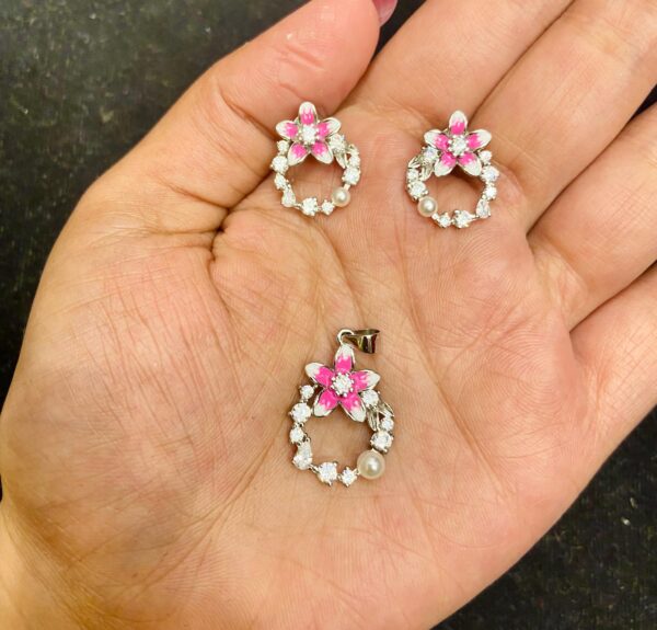 WhatsApp Image 2025-11-19 at 7.05.12 PM 92.5 Pure Silver Pink Flower Round Shape Pendant With Ear Tops (Without Chain)