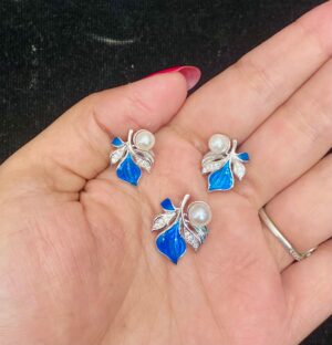 WhatsApp Image 2025-11-20 at 12.55.25 PM 92.5 Pure Silver Blue Leaf Pearl Design Pendant With Ear Tops (Without Chain)