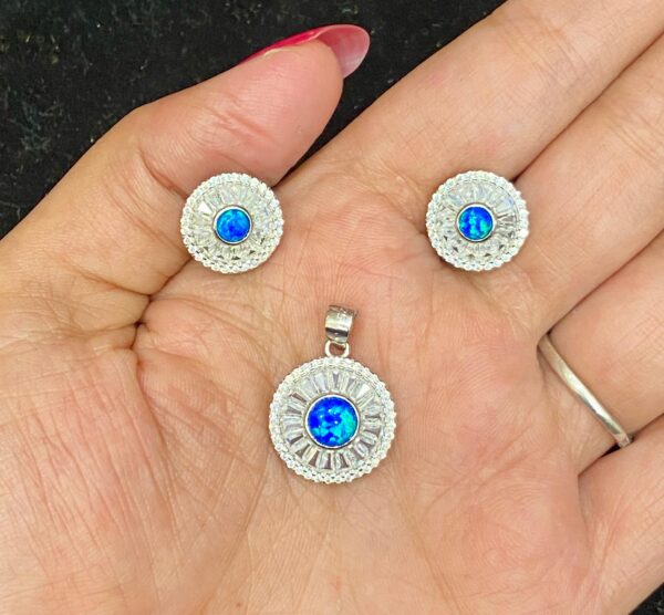 92.5 Pure Silver Round Shape Blue Opal Stone Pendant With Ear Tops (Without Chain)