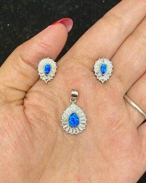 92.5 Pure Silver Drop Shape Blue Opal Stone Pendant With Ear Tops (Without Chain)