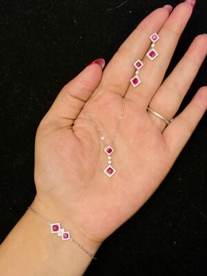 92.5 Pure Silver Pink Stone Barfi Design Chain Pendant With Earrings And Bracelet