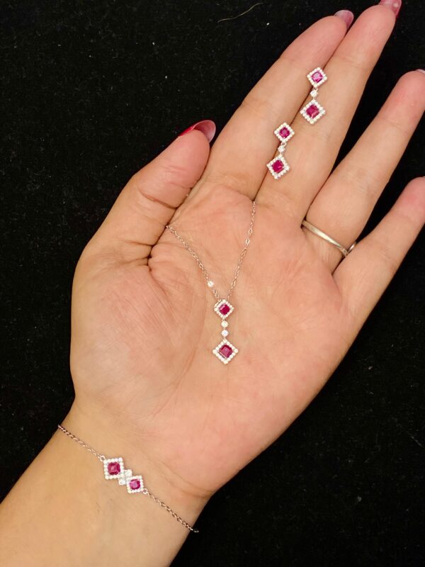 92.5 Pure Silver Pink Stone Barfi Design Chain Pendant With Earrings And Bracelet