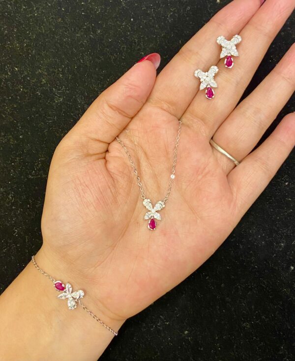 92.5 Pure Silver Pink Drop Flower Design Chain Pendant With Earrings And Bracelet