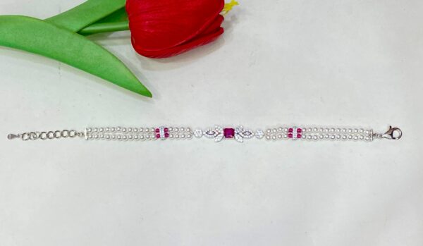 92.5 Pure Silver Pink Stone Leaf Design Pearl Bracelet