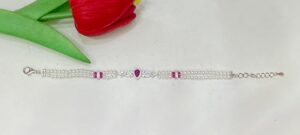 92.5 Pure Silver Pink Stone Drop Design Pearl Bracelet