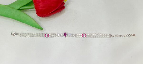 92.5 Pure Silver Pink Stone Drop Design Pearl Bracelet