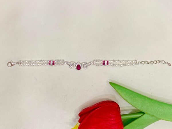 92.5 Pure Silver Pink Stone Drop Shape Circle Design Pearl Bracelet