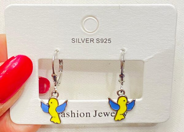 92.5 Pure Silver Hanging Yellow Blue Bird Shape Earrings