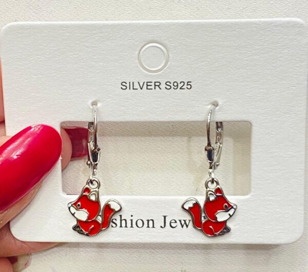 92.5 Pure Silver Hanging Red White Cat Shape Earrings