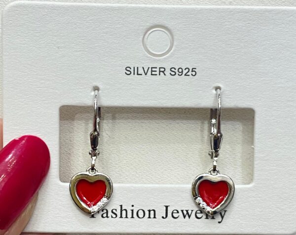 92.5 Pure Silver Hanging Red Heart Shape Earrings