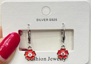 92.5 Pure Silver Hanging Red Flower Design Earrings
