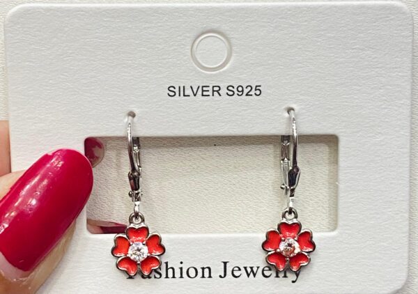 92.5 Pure Silver Hanging Red Flower Design Earrings