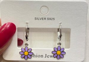 92.5 Pure Silver Hanging Purple Yellow Flower Design Earrings