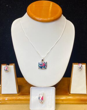 92.5 Pure Silver Square Shape White Multi Colour Design Pendant With Earrings And Finger Ring