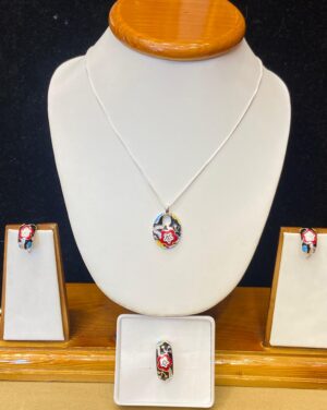 92.5 Pure Silver Oval Shape Black Multi Colour Design Pendant With Earrings And Finger Ring