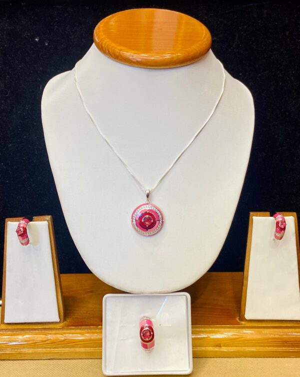 WhatsApp Image 2025-11-25 at 12.10.17 PM (1) 92.5 Pure Silver Round Shape Pink Stone Design Pendant With Earrings And Finger Ring