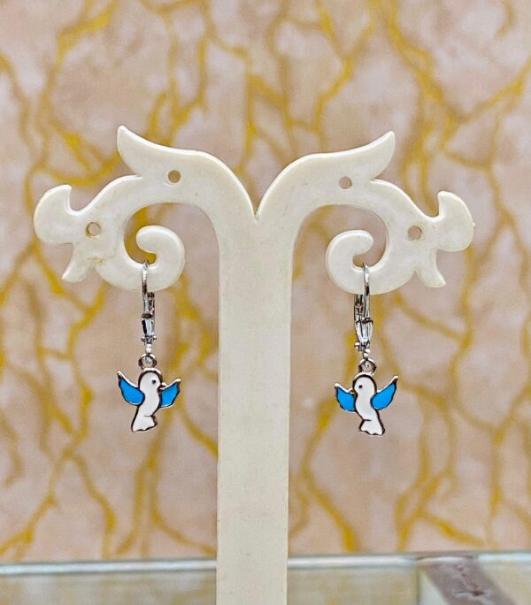 92.5 Pure Silver Hanging White Sky Blue Bird Shape Earrings