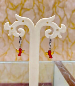 92.5 Pure Silver Hanging Red Yellow Bird Shape Earrings