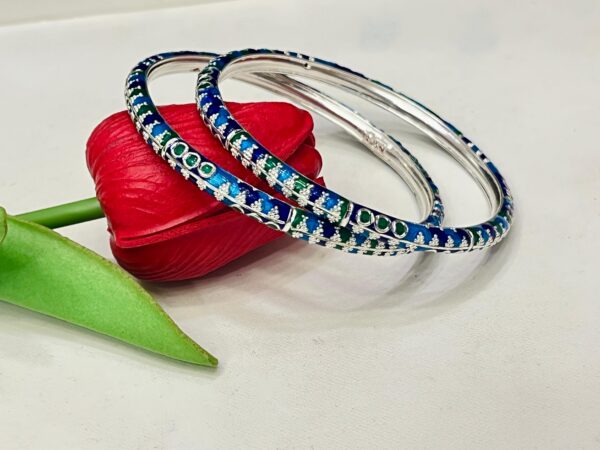 92.5 Pure Silver Maroon Sky Green Minakari Monipuri Bangle(Pair) (CN 33)