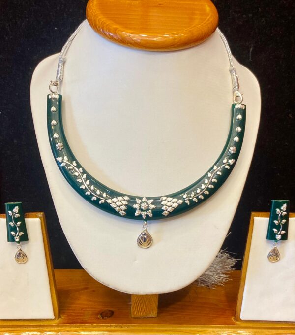 WhatsApp Image 2025-12-06 at 2.04.17 PM 99.5 Pure Floral Petallica Silver Pola Necklace Set (Bottole Green)