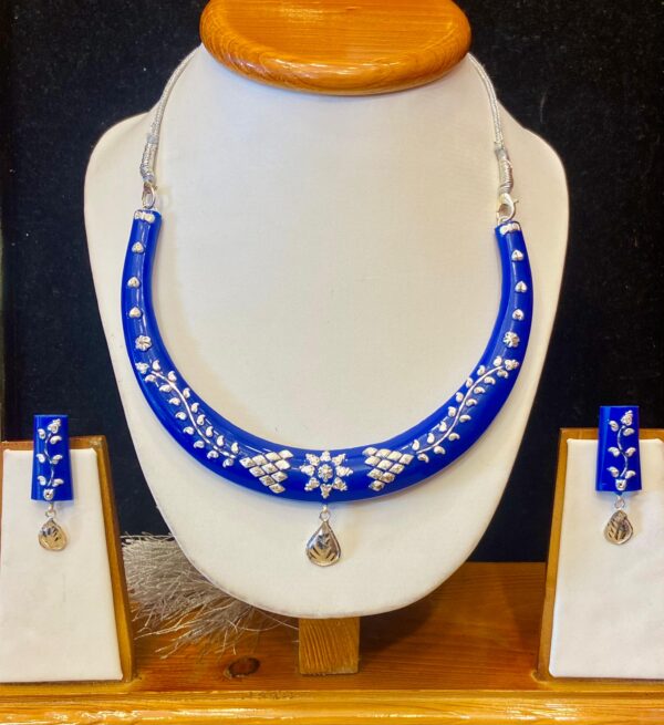 99.5 Pure Floral Petallica Silver Pola Necklace Set (Blue)