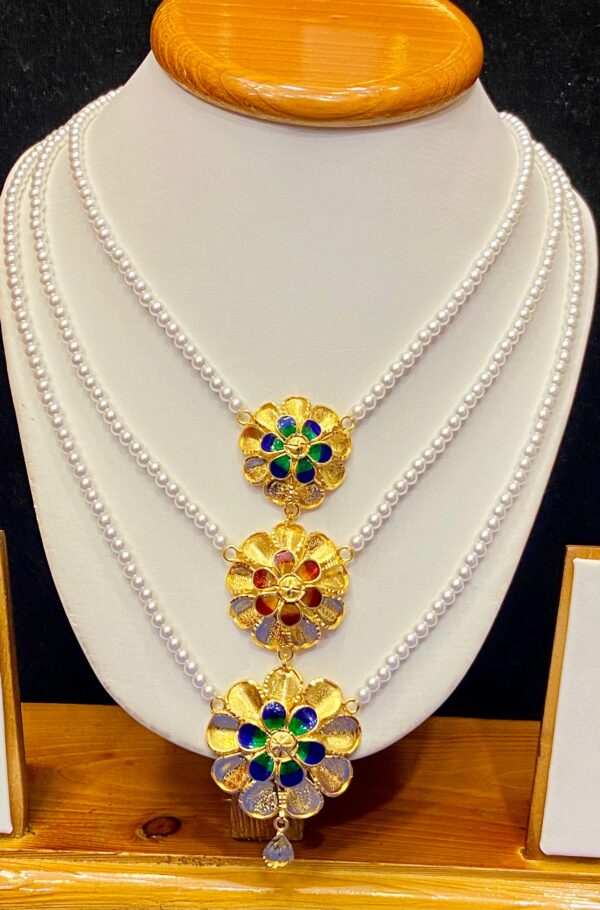 99.5 Pure Silver Triple Flower Design Minakari Pearl Lahori (Gold Plated)