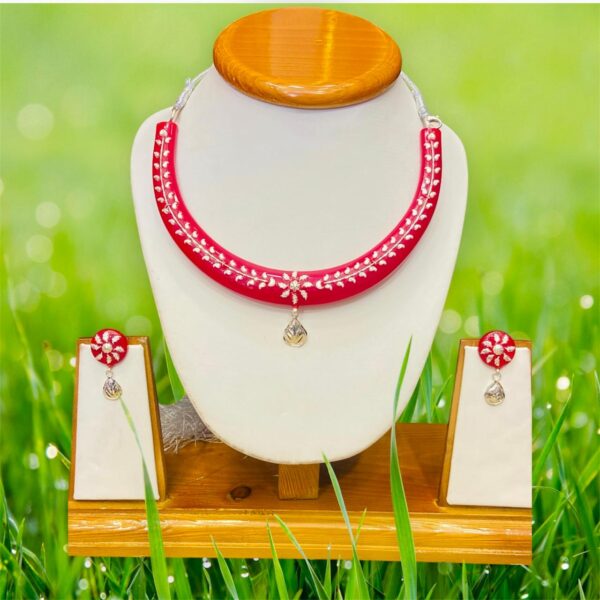 99.5 Pure Floral Petallica Silver Pola Necklace Set (Red)