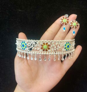 92.5 Pure Silver Minakari Floral Design Choker With Eartops (CN 18-68)