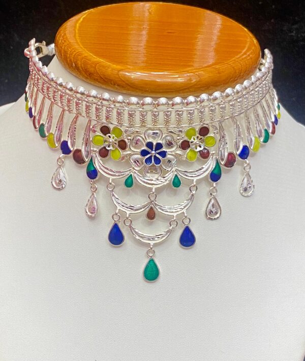 92.5 Pure Silver Flower Design Drop Shape Minakari Choker (CN 20-61)