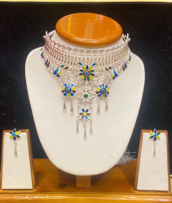 92.5 Pure Silver Floral Design Minakari Choker Set (CN 34-86)