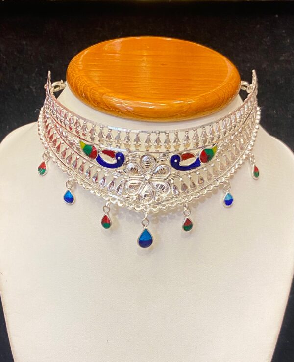 WhatsApp Image 2026-02-15 at 11.15.54 AM 92.5 Pure Silver Flower Shape Peacock Minakari Choker (CN 21-67)