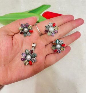 95.5 Pure Silver Navaratna Pendant With Earrings and FingerRing(CN 26-76)