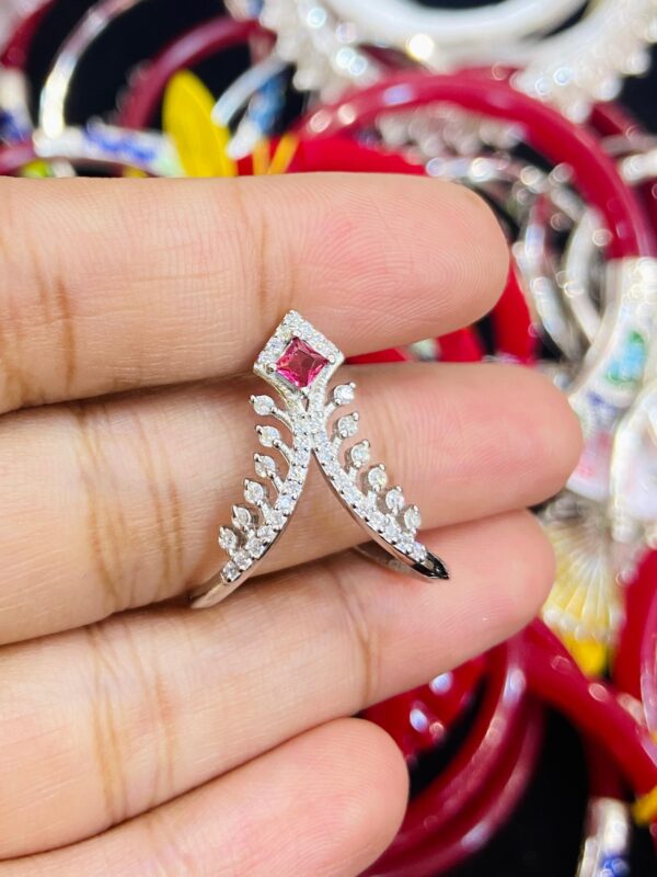 92.5 Silver Pink and White AD Barfi Design V Finger Ring