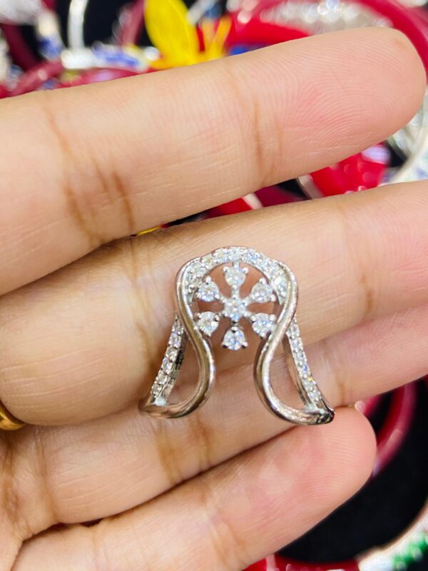 92.5 Silver White AD Floral Design V Finger Ring