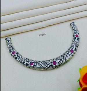 92.5 Pure Silver Oxidize Flower Pink Stone Design Hasuli (CN 47)