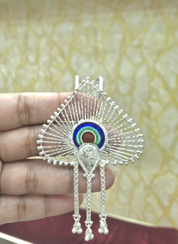 WhatsApp Image 2026-06-02 at 8.43.59 PM 92.5 Pure Silver Peacock Feather Design Minakari Khopa Pin (CN 13-61)