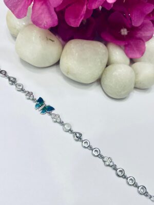92.5 Pure Silver Blue Butterfly Design Heart Shape Chain Bracelet