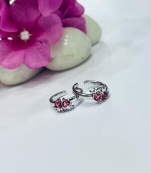 92.5 Pure Silver Stylish Red Heart Shape AD Stone Toe Ring (Pair)
