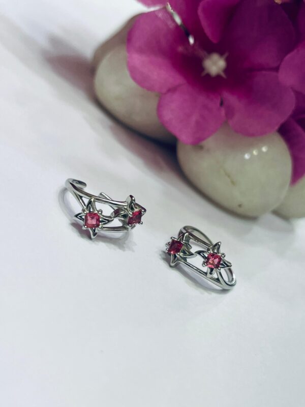 92.5 Pure Silver Stylish Red AD Stone Star Design Toe Ring (Pair)