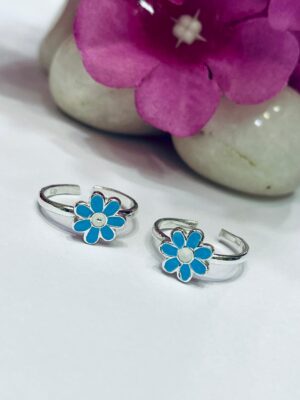 92.5 Pure Silver Firoza Blue Floral Toe Ring (pair)