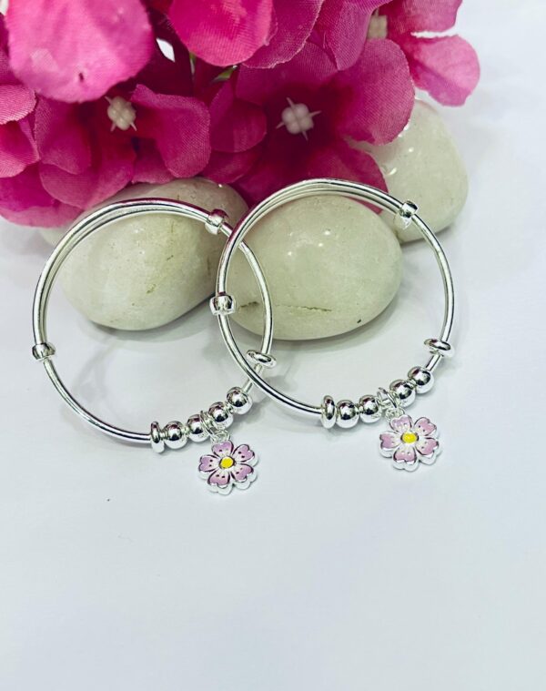 999 Pure Silver Premium Pink Flower Design Baby Bangles (Pair)