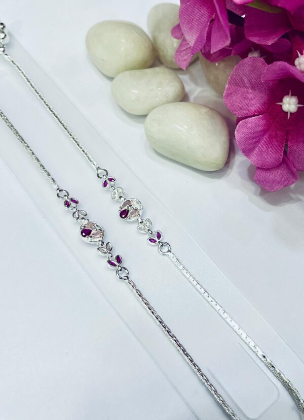 92.5 Pure Silver Leaf Design Pink White AD Stone Payal