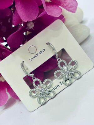 92.5 Pure Silver Hanging AD Stone Flower Design Earrings
